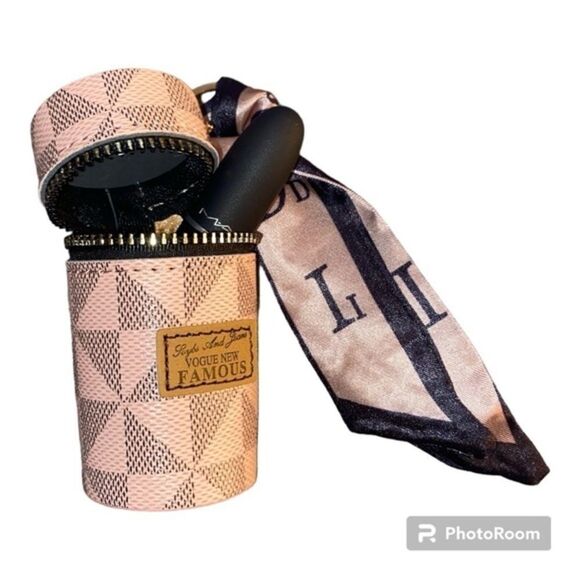 LUXE VIBES LIPSTICK CASE KEYCHAIN BAG CHARM PU LEATHER PINK & BLACK w TWILLY - Picture 2 of 7